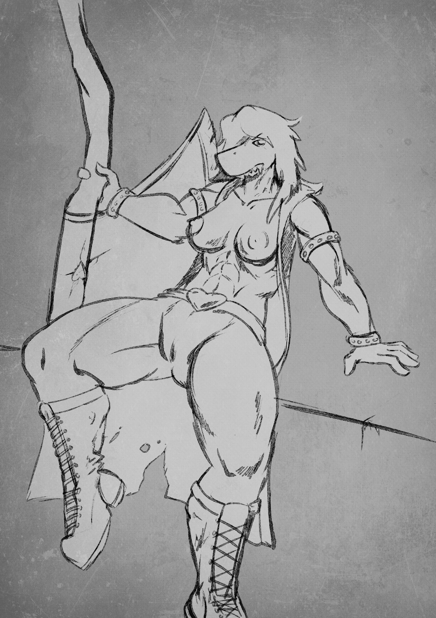 anthro belt breasts clothed clothing deltarune dnp101 female hair long_hair melee_weapon nipples pussy reptile scalie simple_background sitting sketch solo susie_(deltarune) torn_clothing weapon