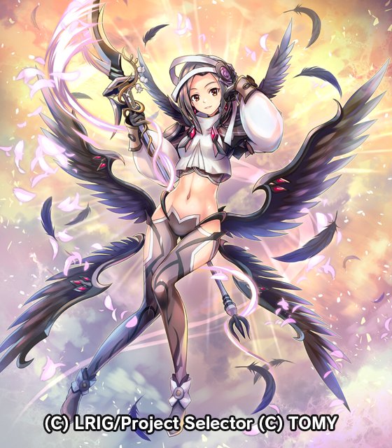 ass_wings black_feathers black_wings breasts brown_eyes crop_top cutout feathered_wings full_body gloves grey_gloves grey_hair grey_pants head_tilt hokuyuu holding_polearm iona_(wixoss) long_hair looking_at_viewer medium_breasts midriff navel pants parted_lips solo stomach wings wixoss