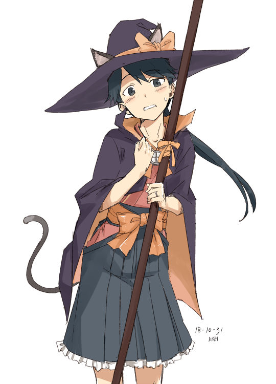 animal_ears black_cape black_eyes black_hair black_hat cape cat_ears cat_tail dated frilled_hakama hakama hat high_ponytail houshou_(kantai_collection) japanese_clothes jewelry kantai_collection kawashina_(momen_silicon) kimono long_hair ponytail ring simple_background solo tail wedding_band white_background witch_hat