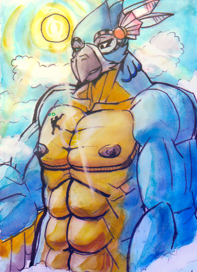 2018 abs anthro avian beak bird blue_feathers breath_of_the_wild clothed clothing cloud feathers human kass_(zelda) link macro male mammal manpersonguy mrease muscular nintendo nipples rito silhouette size_difference sun the_legend_of_zelda topless traditional_media_(artwork) video_games watercolor_(artwork) white_feathers wings yellow_feathers
