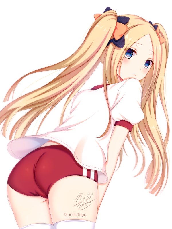 abigail_williams_(fate/grand_order) ass bangs black_bow blonde_hair blue_eyes blush bow buruma closed_mouth commentary_request cowboy_shot eyebrows_visible_through_hair fate/grand_order fate_(series) forehead gym_shirt gym_uniform hair_bow leaning_forward long_hair looking_away looking_to_the_side nellrepca_(nellichiyo) orange_bow parted_bangs polka_dot polka_dot_bow puffy_short_sleeves puffy_sleeves red_buruma shirt short_sleeves sidelocks signature simple_background solo standing thighhighs twintails twitter_username very_long_hair white_background white_legwear white_shirt