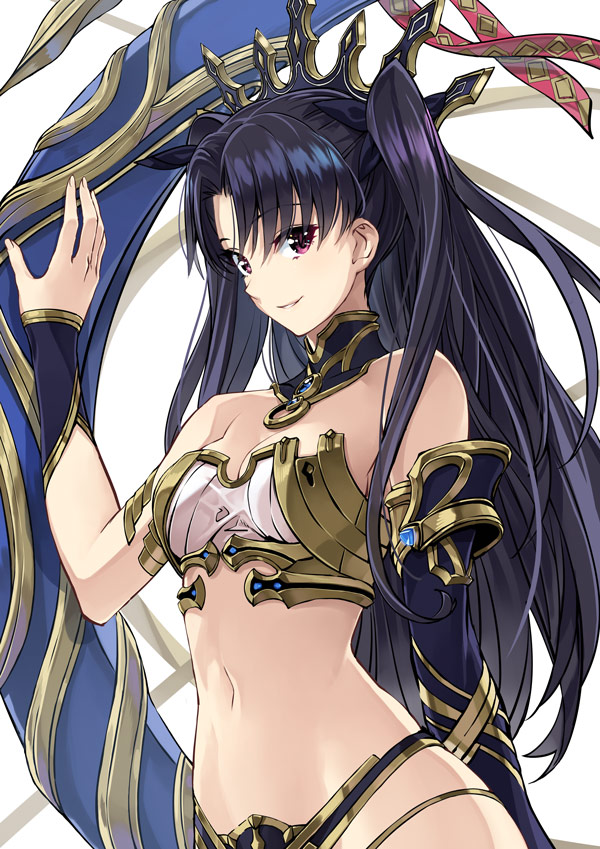 arm_up asymmetrical_sleeves bangs bare_shoulders black_hair black_ribbon black_sleeves blush breasts commentary_request crop_top eyebrows_visible_through_hair fate/grand_order fate_(series) fingernails hair_between_eyes hair_ribbon highleg ishtar_(fate/grand_order) long_hair looking_at_viewer navel parted_bangs parted_lips red_eyes ribbon single_sleeve small_breasts smile solo tiara two_side_up very_long_hair yahako