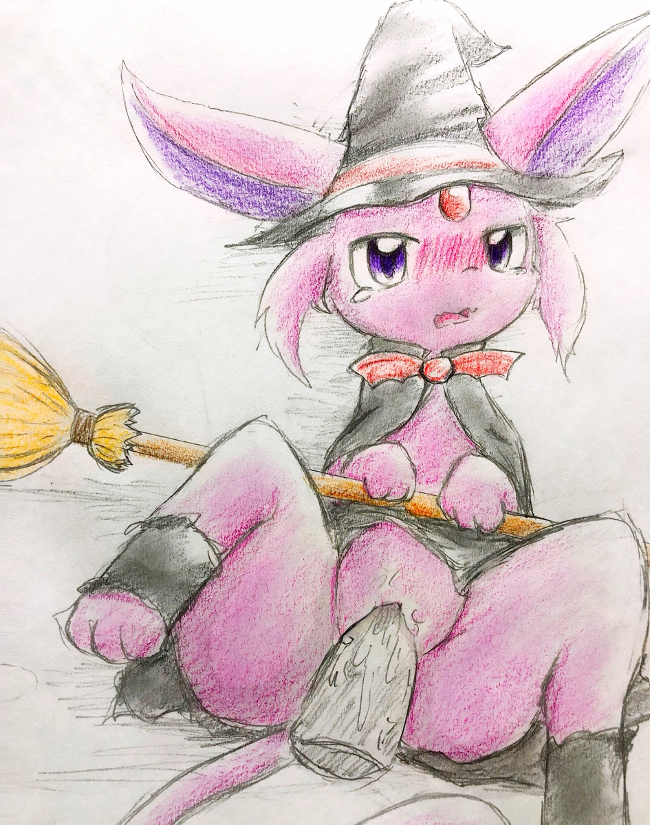 3_toes blush broom clothing colored_pencil_(artwork) costume disembodied_penis duo ears_up edit eeveelution eiroru espeon female feral fur hat hi_res long_ears lying male nintendo on_back open_mouth penetration penis pok&eacute;mon pok&eacute;mon_(species) purple_eyes purple_fur pussy pussy_juice sex simple_background snout solo_focus spread_legs spreading tears toes traditional_media_(artwork) uncensored vaginal vaginal_penetration video_games witch_hat