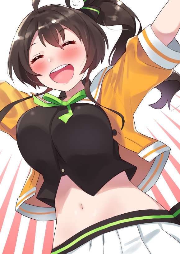 ahoge alternate_breast_size arms_at_sides breasts brown_hair closed_eyes commentary_request hair_ribbon hololive midriff natsuiro_matsuri navel open_mouth ribbon side_ponytail simple_background solo tonari_no_kai_keruberosu white_background