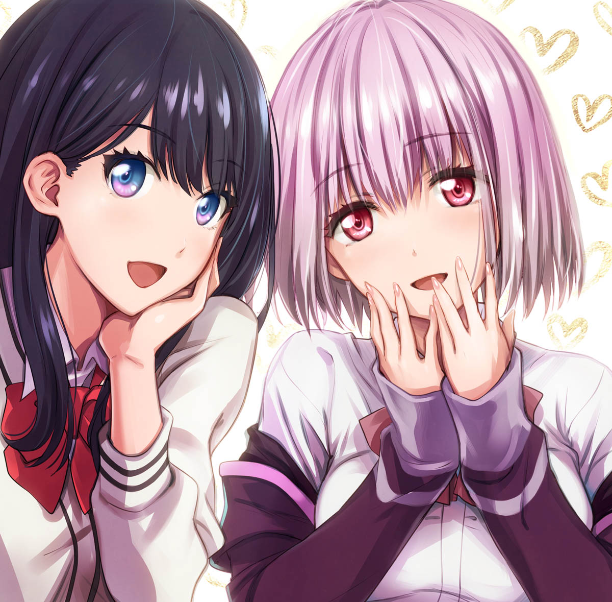 :d bangs black_hair blue_eyes bow bowtie breasts cardigan chin_rest collared_shirt commentary_request eyebrows_visible_through_hair hand_up hands_up head_tilt heart jacket large_breasts long_hair long_sleeves looking_at_viewer multiple_girls off_shoulder open_mouth pink_hair purple_jacket red_eyes red_neckwear shinjou_akane shirt short_hair side-by-side simple_background sleeves_past_wrists smile ssss.gridman takarada_rikka ueda_metawo upper_body white_background white_shirt