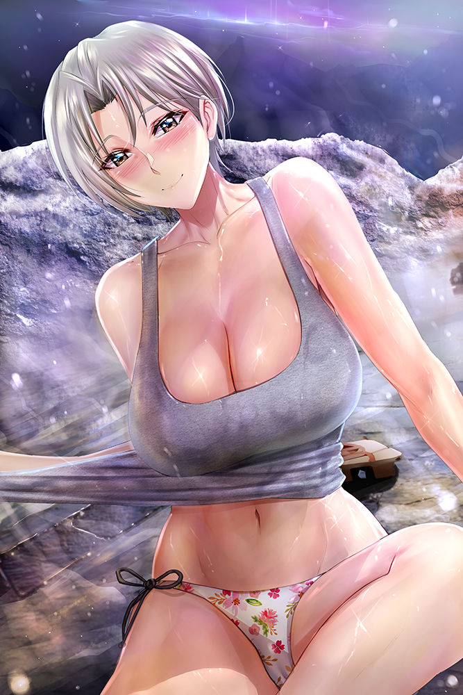 bad_anatomy bikini_bottom blush breasts brown_eyes cleavage cleber_monteiro_da_silva floral_print konno_mitsune large_breasts looking_at_viewer love_hina midriff navel outdoors sandals_removed short_hair silver_hair sitting smile solo wet