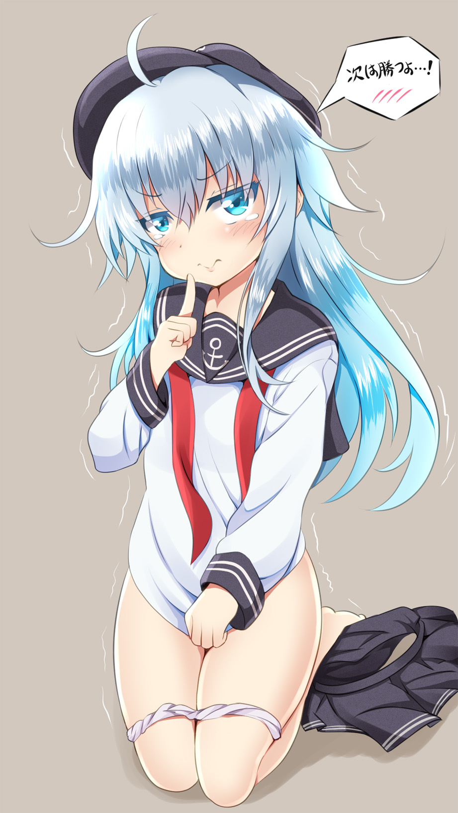 ahoge anchor_print aqua_eyes bangs bare_legs barefoot black_hat black_sailor_collar black_skirt blush commentary_request covering covering_crotch finger_to_mouth flat_cap full_body furrowed_eyebrows grey_background hand_up hat hibiki_(kantai_collection) highres index_finger_raised kantai_collection kneeling light_blue_hair long_hair long_sleeves looking_at_viewer miniskirt neckerchief no_pants open_mouth panties panty_pull pleated_skirt red_neckwear sailor_collar school_uniform serafuku shiny shiny_hair shirt shirt_tug sideways_hat simple_background skirt skirt_removed sleeve_cuffs solo speech_bubble spoken_blush tamayan tears translation_request trembling underwear undone_neckerchief v-shaped_eyebrows wavy_mouth white_panties white_shirt