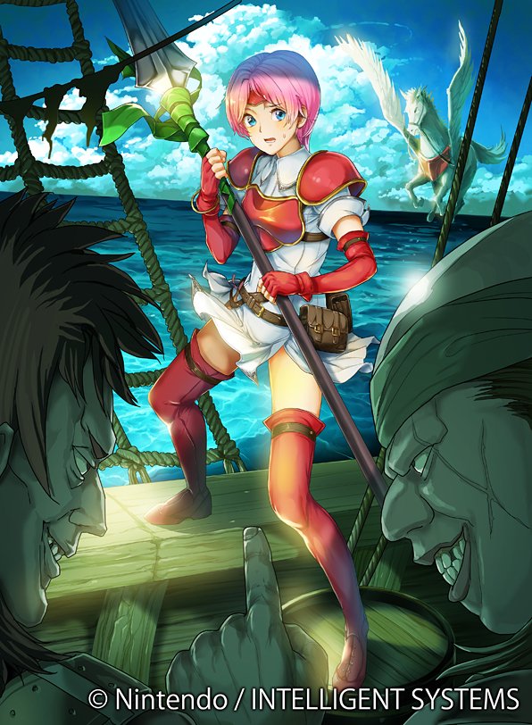 2boys boots breastplate cloud daigoman day dress elbow_gloves facial_scar fingerless_gloves fire_emblem fire_emblem:_souen_no_kiseki gloves grin holding holding_spear holding_weapon index_finger_raised marcia multiple_boys ocean open_mouth outdoors pegasus pegasus_knight pink_hair polearm red_footwear red_gloves scar scar_on_cheek short_dress short_hair short_sleeves shoulder_armor smile spaulders spear sweatdrop thigh_boots thighhighs weapon white_dress zettai_ryouiki