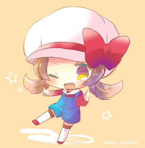 ;d blush bow brown_background brown_eyes brown_hair cabbie_hat chibi collared_shirt full_body hat hat_bow kotone_(pokemon) kouu_hiyoyo long_hair long_sleeves one_eye_closed open_mouth outstretched_arm overall_shorts pointing pokemon pokemon_(game) pokemon_hgss red_bow red_footwear red_shirt shirt smile solo star thighhighs twitter_username white_hat white_legwear