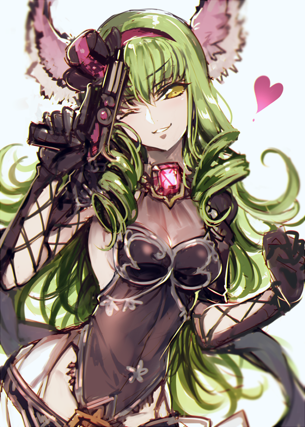 ;) animal_ears c.c. catherine_(granblue_fantasy) catherine_(granblue_fantasy)_(cosplay) code_geass commentary_request cosplay creayus drill_hair erune granblue_fantasy green_hair heart long_hair looking_at_viewer one_eye_closed parted_lips simple_background smile solo weapon yellow_eyes