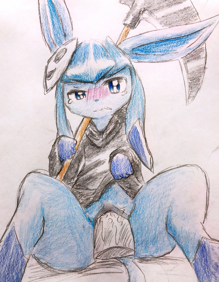 begging begging_pose black_pussy blue_eyes blue_fur blue_nose blush clothing colored_pencil_(artwork) costume disembodied_penis duo edit eeveelution eiroru female feral fur glaceon hi_res long_ears male male/female markings mask melee_weapon nintendo one_ear_down penetration penis pok&eacute;mon pok&eacute;mon_(species) polearm pussy pussy_juice scythe sex simple_background snout socks_(marking) solo_focus spread_legs spreading tears traditional_media_(artwork) uncensored vaginal vaginal_penetration video_games weapon