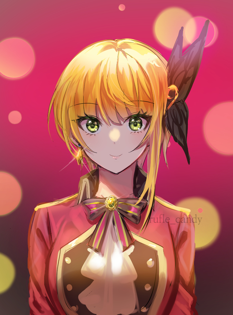 723/nanahumi black_bow blonde_hair bow bowtie butterfly_hair_ornament earrings eyebrows_visible_through_hair green_eyes hair_ornament idolmaster idolmaster_cinderella_girls idolmaster_cinderella_girls_starlight_stage jacket jewelry lens_flare looking_at_viewer miyamoto_frederica red_jacket short_hair_with_long_locks sidelocks smile solo sparkle striped striped_bow upper_body
