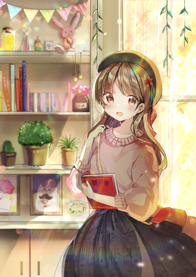 :d bag bangs beret black_hat black_skirt blurry blurry_background blush book brown_eyes brown_hair collarbone commentary_request curtains day depth_of_field drawing eyebrows_visible_through_hair handbag hat indoors jar long_hair long_sleeves looking_at_viewer miyo_(user_zdsp7735) object_hug open_mouth original pennant picture_frame pink_sweater plant potted_plant puffy_long_sleeves puffy_sleeves shelf shoulder_bag skirt smile solo string_of_flags sunlight sweater