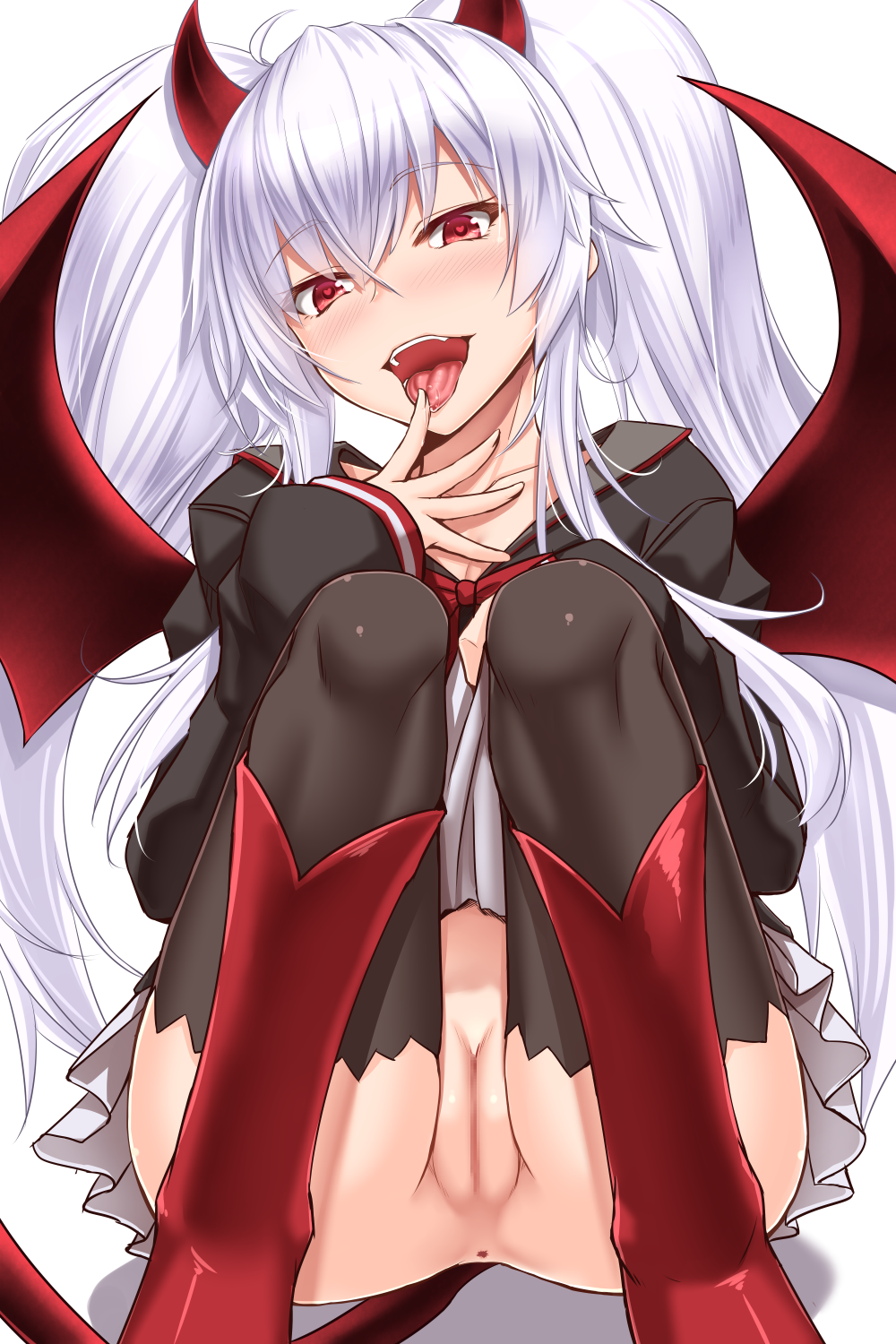 :d ahoge anus ass bangs black_legwear black_shirt blush boots bow bowtie breasts censored cleavage collarbone demon_girl demon_horns demon_tail demon_wings evo_grim eyebrows_visible_through_hair finger_licking grim_aloe hair_between_eyes head_tilt heart heart-shaped_pupils highres horns licking lifted_by_self long_hair long_sleeves looking_at_viewer miniskirt mosaic_censoring no_panties open_mouth pleated_skirt pussy quiz_magic_academy quiz_magic_academy_the_world_evolve red_eyes red_footwear red_neckwear round_teeth sailor_collar shadow shirt shuugetsu_karasu sidelocks simple_background sitting skirt skirt_lift sleeves_past_wrists smile solo symbol-shaped_pupils tail teeth thighhighs tongue tongue_out twintails upper_teeth white_background white_hair white_skirt wings