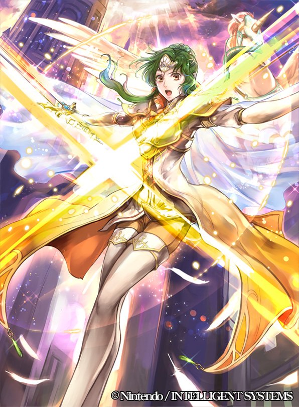boots bracelet breastplate brown_eyes brown_pants elincia_ridell_crimea fire_emblem fire_emblem:_souen_no_kiseki floating_hair from_below green_hair headpiece holding holding_sword holding_weapon jewelry long_hair open_mouth outstretched_arms pants pegasus pegasus_knight solo sword thigh_boots thighhighs wada_sachiko weapon white_feathers white_footwear