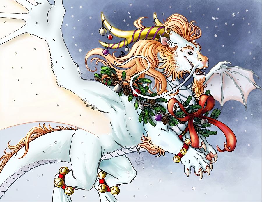 beard belly_scales christmas claws clcanadyarts decoration dragon eastern_dragon facial_hair feral fur furred_dragon goatee happy holidays horn hybrid jingle_bell male scales scalie snow solo western_dragon whiskers wings