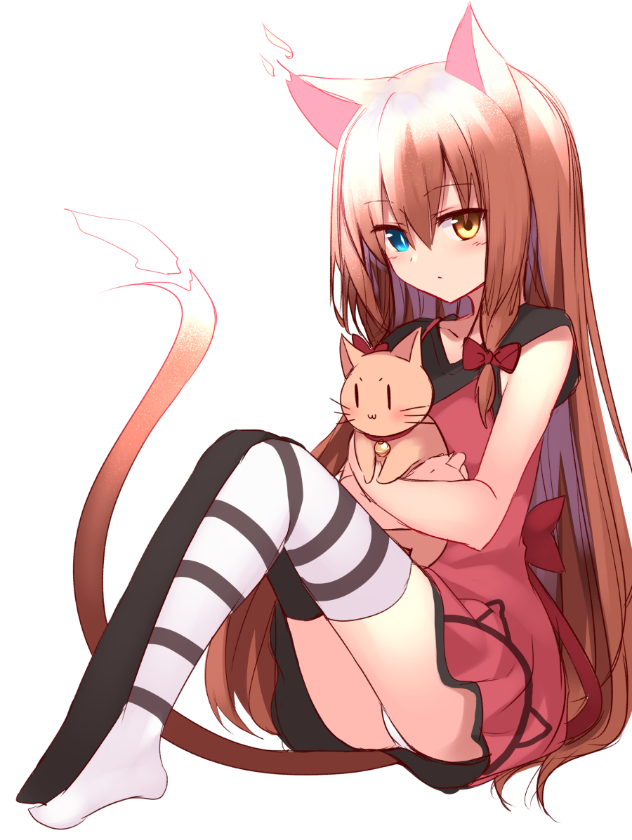 :3 animal animal_ears ass bangs bell black_legwear blue_eyes blush bow brown_hair cat cat_ears cat_tail closed_mouth collarbone dress expressionless eyebrows_visible_through_hair full_body hair_between_eyes hair_bow heterochromia hug jingle_bell knees_up long_hair looking_at_viewer mahcdai mismatched_legwear original panties red_bow red_dress sidelocks simple_background sitting sleeveless slit_pupils solo striped striped_legwear tail thighhighs underwear very_long_hair white_background white_legwear white_panties yellow_eyes |_|