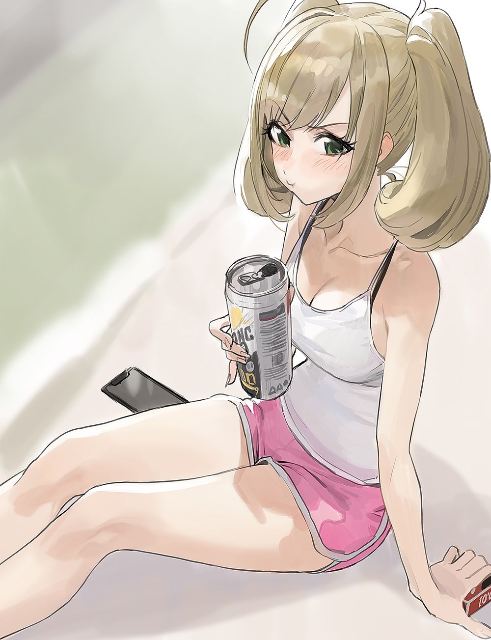 :t ahoge arm_support bangs bare_legs bare_shoulders blush breasts camisole can cellphone cleavage collarbone commentary eyebrows_visible_through_hair feet_out_of_frame green_eyes highres holding holding_can idolmaster idolmaster_cinderella_girls light_brown_hair looking_at_viewer medium_breasts mossi phone pout satou_shin short_shorts shorts sitting smartphone solo swept_bangs twintails