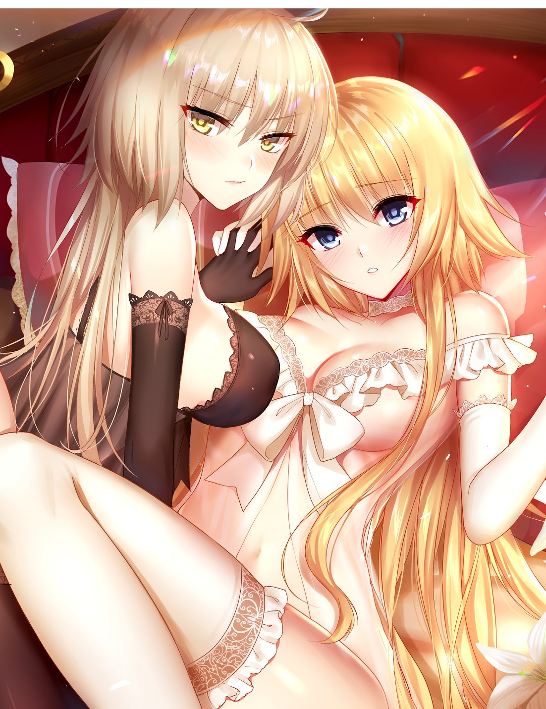 ahoge babydoll bangs bed black_babydoll black_gloves blonde_hair blush breasts choker cleavage closed_mouth elbow_gloves eyebrows_visible_through_hair fate/grand_order fate_(series) flower gloves hands_clasped highres jeanne_d'arc_(alter)_(fate) jeanne_d'arc_(fate) jeanne_d'arc_(fate)_(all) lace lace_choker large_breasts lily_(flower) long_hair looking_at_viewer mallizmora multiple_girls open_mouth own_hands_together pillow sidelocks silver_hair tareme tsurime underwear underwear_only white_babydoll white_gloves yellow_eyes
