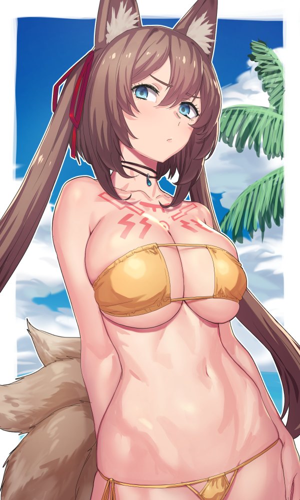 animal_ear_fluff animal_ears arm_at_side arm_behind_back bare_arms bare_shoulders beach bikini blue_eyes blue_sky border breasts brown_hair choker cleavage collarbone commentary_request cowboy_shot day eyepatch_bikini fox_ears fox_tail hair_between_eyes hair_ribbon jewelry large_breasts long_hair looking_at_viewer multiple_tails navel outdoors outside_border palm_tree pendant red_ribbon ribbon side-tie_bikini sky solo star_ocean star_ocean_anamnesis stomach strapless strapless_bikini string_bikini swimsuit tail tattoo tenchisouha tree twintails underboob very_long_hair white_border yellow_bikini