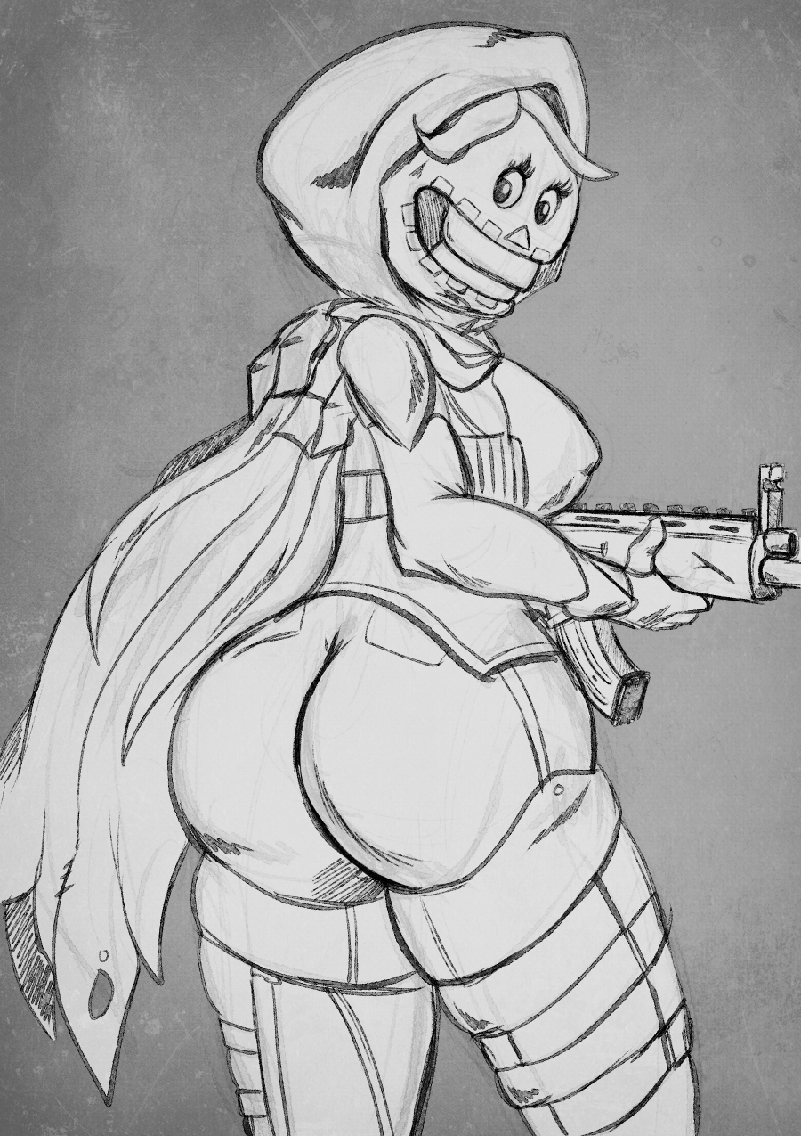 2018 big_breasts big_butt bodysuit breasts butt cape clothing digital_media_(artwork) dnp101 female fortnite gun hood humanoid legwear looking_back ninja ranged_weapon rifle simple_background sketch skinsuit solo thick_thighs tight_clothing weapon wide_hips