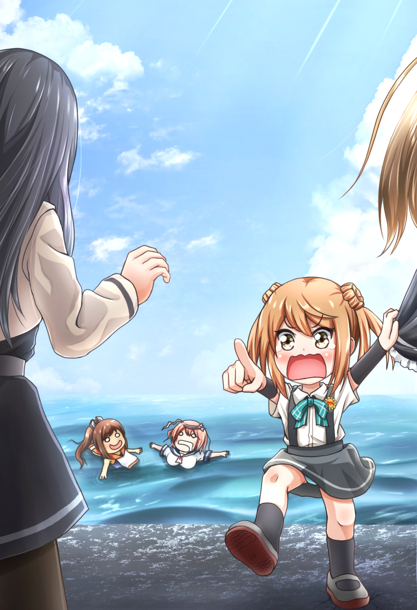 afloat angry arashio_(kantai_collection) arm_warmers asashio_(kantai_collection) ascot black_hair black_legwear blue_panties blue_sky breasts brown_hair cloud cloudy_sky comiching commentary_request double_bun dress frilled_dress frills gameplay_mechanics hair_bun hair_ornament head_out_of_frame highres i-401_(kantai_collection) i-58_(kantai_collection) kantai_collection kneehighs light_brown_hair long_hair long_sleeves michishio_(kantai_collection) multiple_girls neck_ribbon ocean one-piece_swimsuit out_of_frame panties pantyhose pinafore_dress pink_hair pleated_skirt pointing ponytail remodel_(kantai_collection) ribbon sailor_collar school_swimsuit school_uniform shipyard shirt short_hair short_ponytail short_sleeves short_twintails skirt sky sunlight suspenders swimsuit swimsuit_under_clothes tears twintails unconscious underwear water white_shirt yellow_eyes