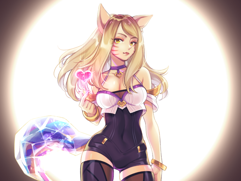 ahri animal_ears armlet bangs bare_shoulders black_leotard blonde_hair bracelet breasts choker cleavage contrapposto covered_navel cowboy_shot fox_ears fox_tail halter_top halterneck heart idol jewelry k/da_(league_of_legends) k/da_ahri league_of_legends leotard lips long_hair looking_at_viewer meo purple_choker snapping_fingers solo strapless strapless_leotard swept_bangs tail thighhighs whisker_markings yellow_eyes