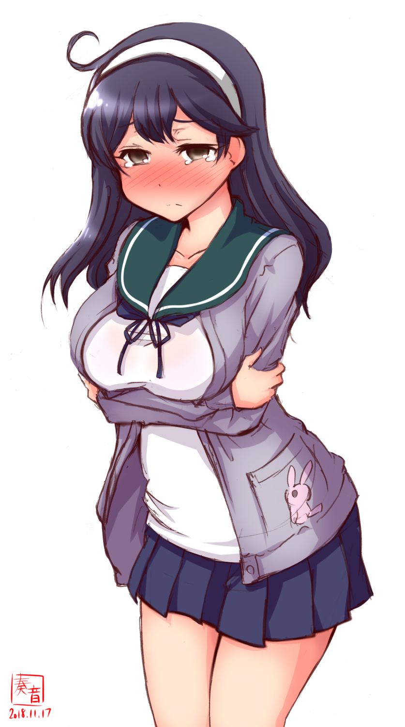 ahoge artist_logo black_hair blouse blue_sailor_collar blue_skirt breast_rest breasts brown_eyes bunny cardigan collarbone commentary_request cowboy_shot crossed_arms dated embarrassed eyebrows_visible_through_hair green_sailor_collar hair_between_eyes hairband headband highres kanon_(kurogane_knights) kantai_collection large_breasts long_hair long_sleeves looking_at_viewer neckerchief open_cardigan open_clothes pleated_skirt purple_cardigan sailor_collar school_uniform serafuku signature simple_background skirt solo standing tearing_up tears ushio_(kantai_collection) white_background white_blouse white_hairband