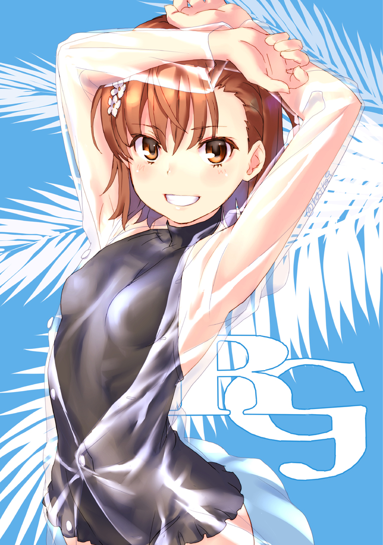 arms_up bangs blush breasts brown_eyes brown_hair casual_one-piece_swimsuit commentary_request covered_navel eyebrows_visible_through_hair flower frilled_swimsuit frills grin hair_between_eyes hair_flower hair_ornament jacket long_sleeves looking_at_viewer misaka_mikoto one-piece_swimsuit raika9 see-through small_breasts smile solo swimsuit to_aru_kagaku_no_railgun to_aru_majutsu_no_index white_flower