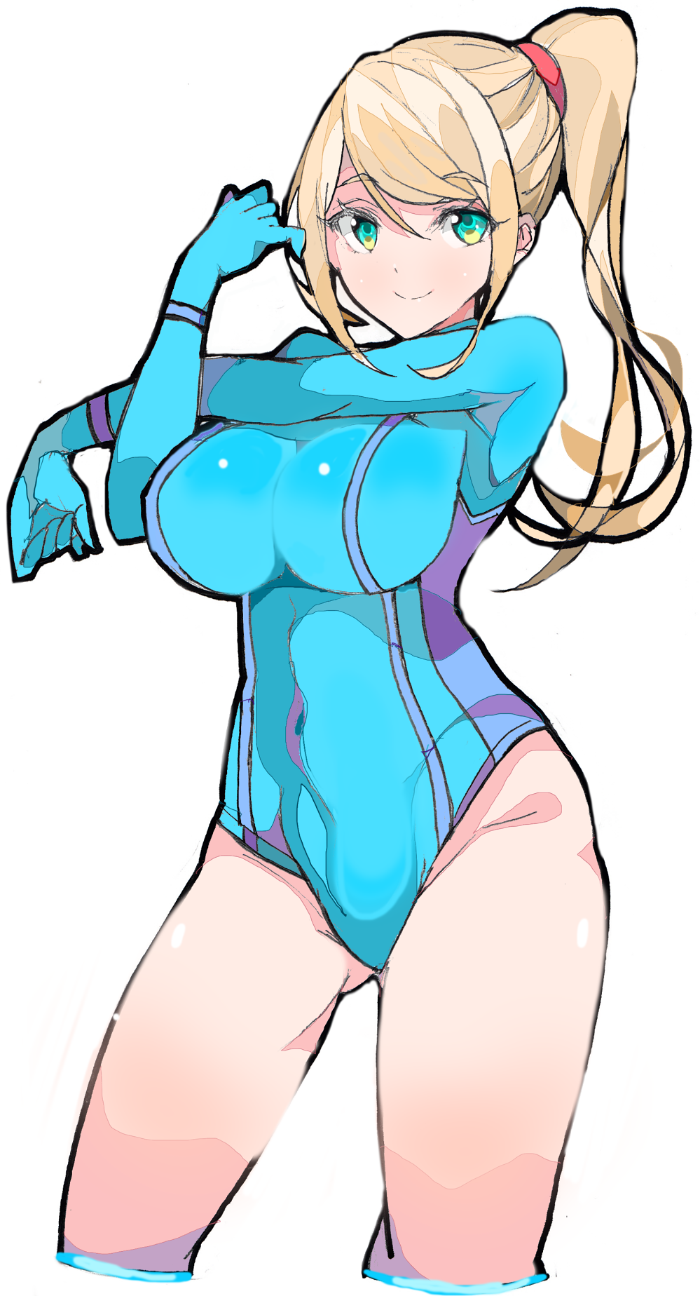 aqua_eyes bangs blonde_hair blue_leotard breasts closed_mouth covered_navel enpe eyebrows_visible_through_hair highres large_breasts leotard long_hair looking_at_viewer metroid ponytail samus_aran simple_background smile solo white_background zero_suit