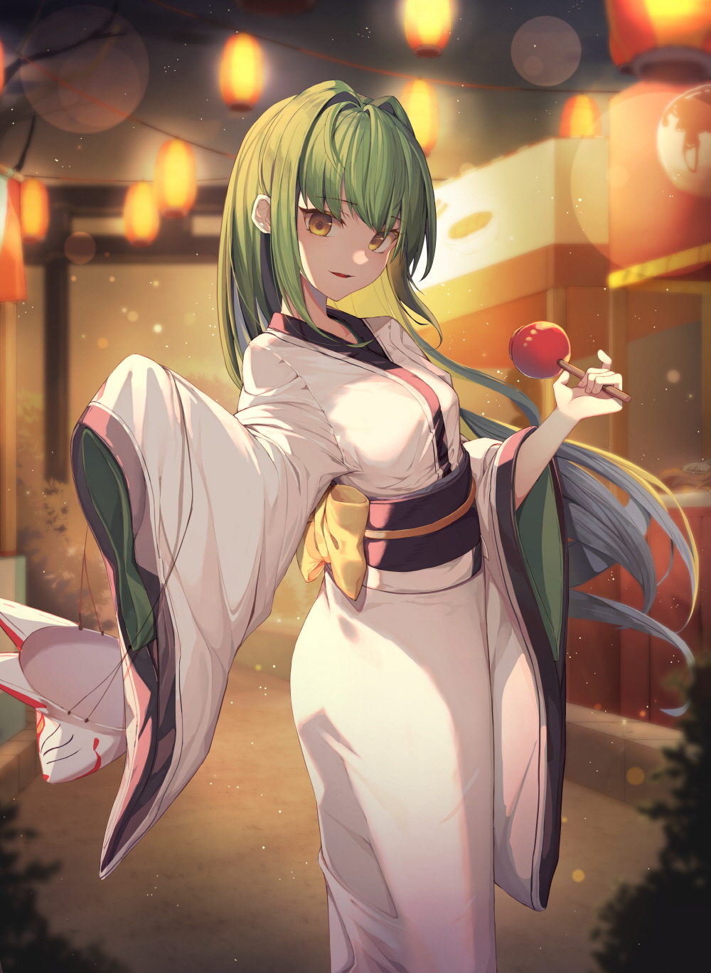 bangs blurry blurry_background blush bow brown_eyes candy_apple depth_of_field eyebrows_visible_through_hair food fox_mask green_hair hair_intakes head_tilt highres holding holding_food holding_mask japanese_clothes kimono lantern long_hair long_sleeves looking_at_viewer mask mask_removed obi original paper_lantern parted_lips sash sleeves_past_fingers sleeves_past_wrists solo stall standing sugar_(dndi888) summer_festival torii very_long_hair white_kimono wide_sleeves yellow_bow yukata