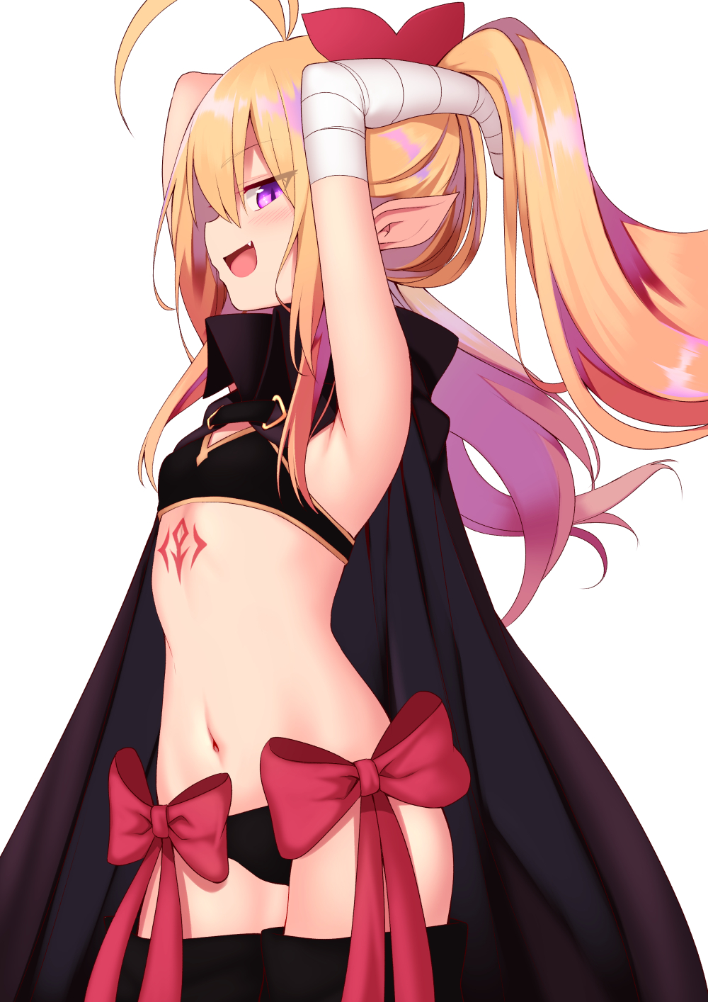:d antenna_hair armpits arms_up bandaged_arm bandages bangs bare_shoulders black_bra black_cape black_panties blonde_hair blush bra cape cowboy_shot eyebrows_visible_through_hair fang flat_chest floating_hair hair_between_eyes hair_ornament highres long_hair looking_at_viewer looking_to_the_side mahcdai navel open_mouth original panties pointy_ears profile purple_eyes red_ribbon ribbon sidelocks simple_background slit_pupils smile solo standing tattoo underwear white_background