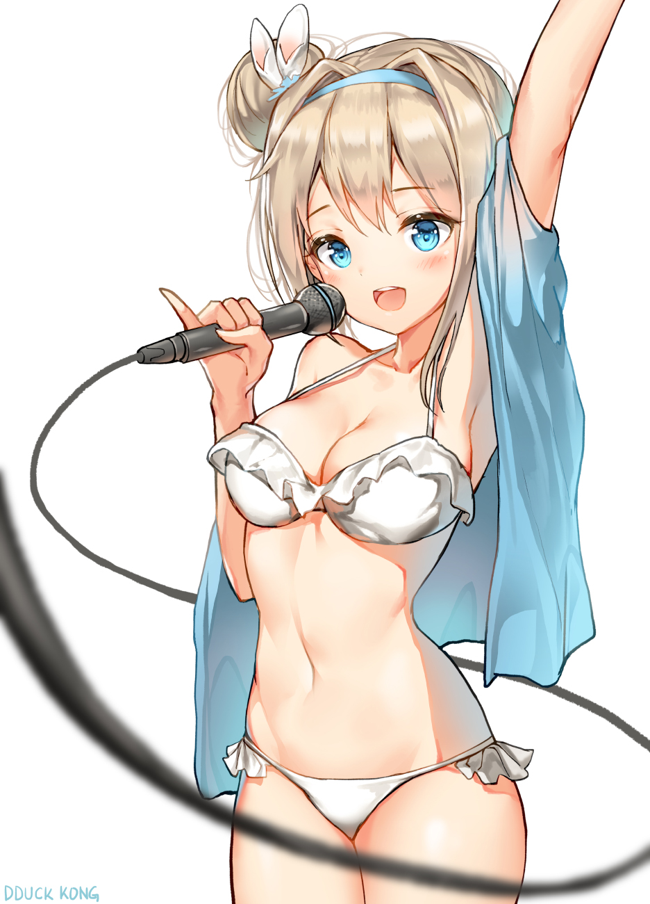 :d arm_up bangs bare_shoulders bikini blue_eyes blue_hairband blue_jacket blurry blurry_foreground blush breasts cleavage collarbone commentary depth_of_field eyebrows_visible_through_hair girls_frontline hair_between_eyes hair_bun hairband highres holding holding_microphone jacket lee_seok_ho light_brown_hair medium_breasts microphone open_clothes open_jacket open_mouth outstretched_arm round_teeth sidelocks smile solo suomi_kp31_(girls_frontline) swimsuit teeth upper_teeth white_background white_bikini
