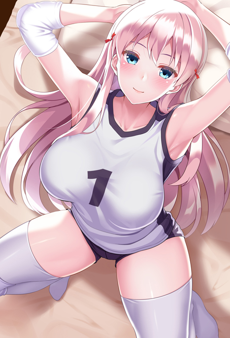 arm_behind_head armpits bangs bed bed_sheet black_shorts blue_eyes blush bow breasts closed_mouth collarbone elbow_pads from_above gym_shorts gym_uniform hair_bow huyumitsu indoors large_breasts long_hair looking_at_viewer number numbers'_uniform original pillow pink_hair shirt short_shorts shorts sleeveless sleeveless_shirt solo sportswear squatting thighhighs volleyball_uniform white_legwear white_shirt