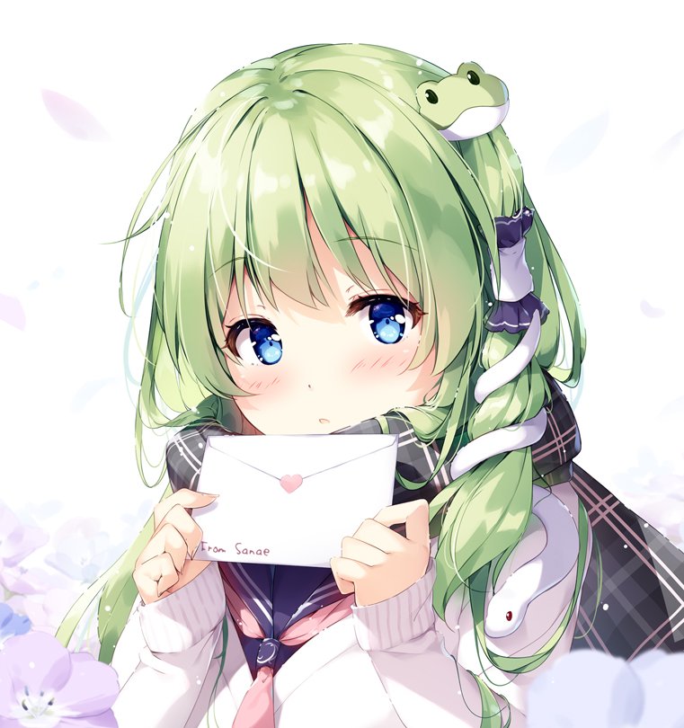 alternate_costume bangs blue_eyes blue_flower blue_sailor_collar blush cardigan character_name commentary_request confession contemporary eyebrows_visible_through_hair flower frog_hair_ornament green_hair grey_scarf hair_ornament hair_tubes hands_up holding_letter jacket kochiya_sanae letter long_hair long_sleeves looking_at_viewer love_letter miyase_mahiro parted_lips petals plaid plaid_scarf purple_flower sailor_collar scarf school_uniform simple_background sleeves_past_wrists snake_hair_ornament solo touhou upper_body white_background white_jacket