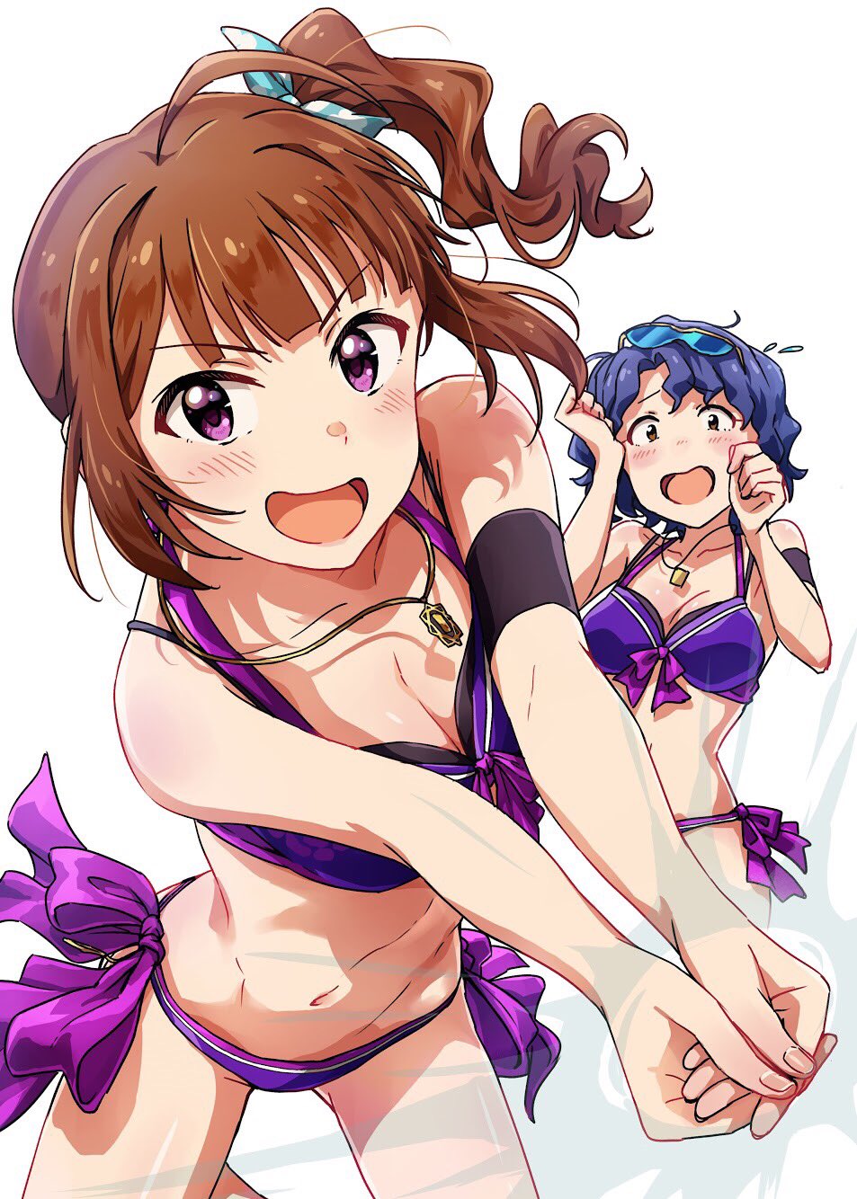 ahoge antenna_hair ayano_yuu_(sonma_1426) beach_volleyball bikini blue_hair bow breasts brown_eyes brown_hair cleavage collarbone eyewear_on_head hair_bow highres idolmaster idolmaster_million_live! idolmaster_million_live!_theater_days jewelry looking_at_viewer medium_breasts multiple_girls open_mouth pendant playing_sports purple_eyes short_hair side_ponytail sport sunglasses swimsuit toyokawa_fuuka volleyball yokoyama_nao