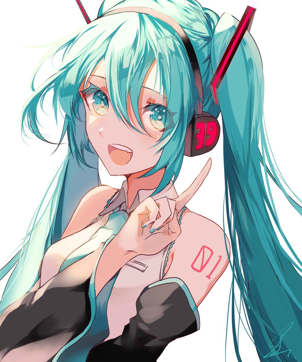 39 aqua_eyes aqua_hair bare_shoulders commentary_request detached_sleeves green_hair hair_between_eyes hatsune_miku headphones headset highres index_finger_raised long_hair looking_at_viewer necktie open_mouth saihate_(d3) sleeveless smile solo tattoo twintails very_long_hair vocaloid