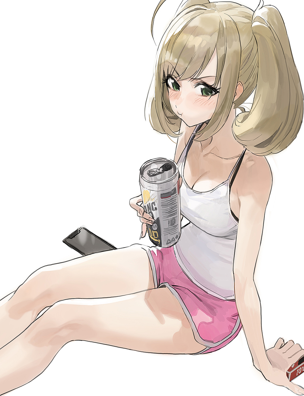 :t ahoge arm_support bangs bare_legs bare_shoulders blush breasts camisole can cellphone cleavage collarbone commentary eyebrows_visible_through_hair feet_out_of_frame green_eyes highres holding holding_can idolmaster idolmaster_cinderella_girls light_brown_hair looking_at_viewer medium_breasts mossi phone pout satou_shin short_shorts shorts sitting smartphone solo swept_bangs twintails