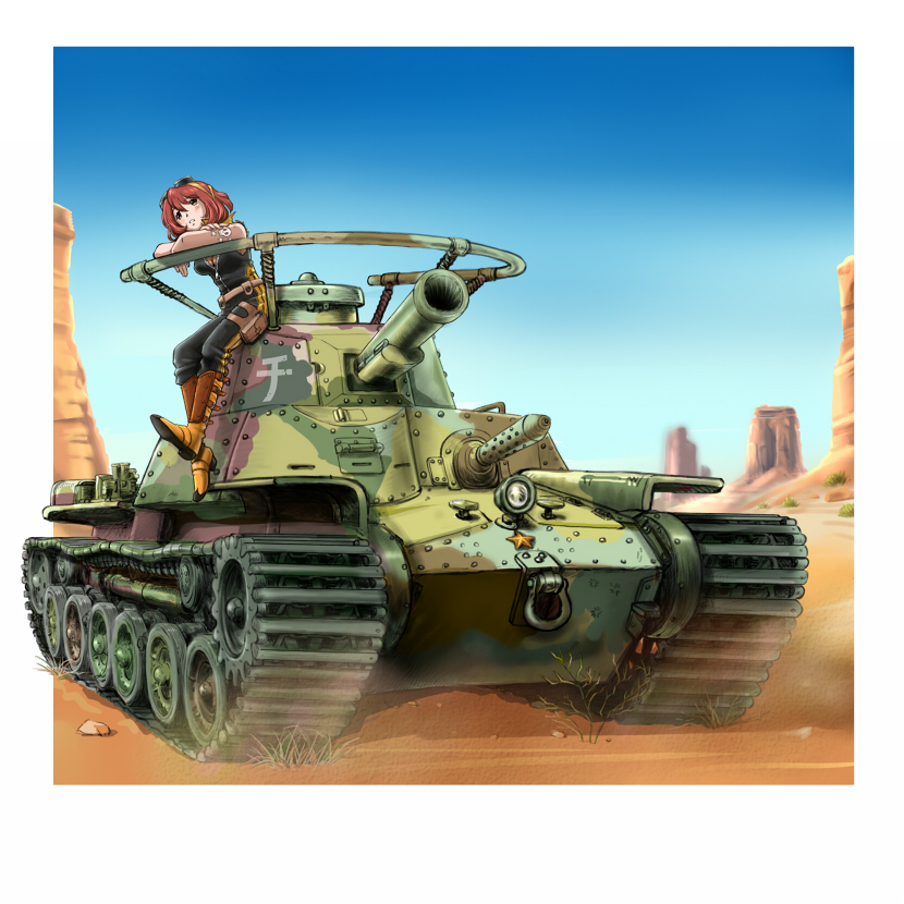 artist_request breasts brown_eyes caterpillar_tracks comiket_88 commentary_request desert ground_vehicle metal_max military military_vehicle motor_vehicle red_hair sarukichi_(chiekichi) short_hair sky solo tank type_97_chi-ha