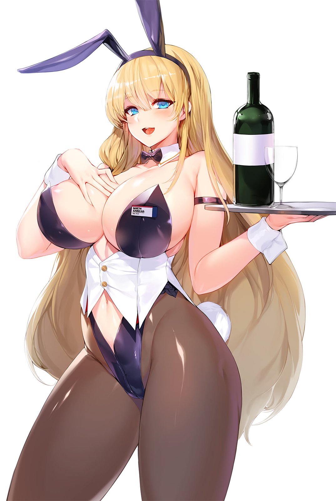 animal_ears areola_slip areolae azur_lane bangs bare_shoulders blonde_hair blue_eyes blush breasts bunny_ears bunnysuit buttons character_name cleavage commentary_request cup detached_collar drinking_glass eyebrows_visible_through_hair fake_animal_ears glass_bottle hand_on_own_chest highleg highres holding huge_breasts leotard long_hair looking_at_viewer navel navel_cutout north_carolina_(azur_lane) open_mouth pantyhose shiny shiny_clothes shiny_hair shiny_skin simple_background smile snowball22 solo strapless strapless_leotard thick_thighs thighs tray white_background wrist_cuffs
