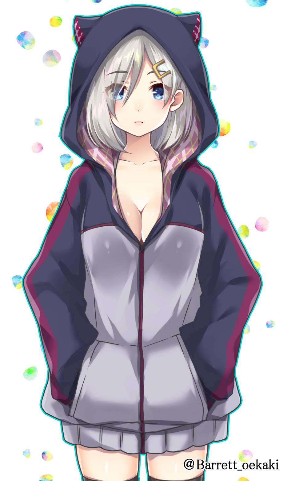 animal_hood baretto_(firearms_1) black_legwear blue_eyes blush breasts cat_hood closed_mouth commentary_request eyes_visible_through_hair hair_between_eyes hair_ornament hair_over_one_eye hairclip hamakaze_(kantai_collection) highres hood hoodie kantai_collection large_breasts long_sleeves looking_at_viewer short_hair thighhighs