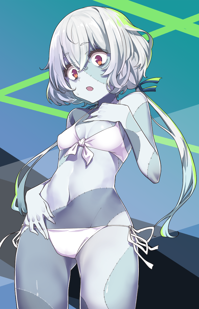 ass_visible_through_thighs bikini blush breasts commentary_request cowboy_shot eyebrows_visible_through_hair from_below front-tie_bikini front-tie_top grey_skin hand_on_own_chest highres konno_junko konnyaku_(kk-monmon) long_hair low_twintails multicolored multicolored_skin open_mouth red_eyes side-tie_bikini silver_hair small_breasts solo stitches sweatdrop swimsuit twintails white_bikini zombie zombie_land_saga