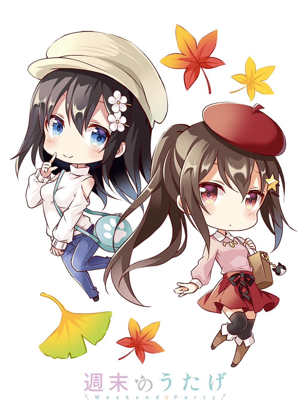 autumn_leaves bag bag_charm bangs beret between_breasts black_footwear black_legwear black_ribbon blue_pants blush boots breasts brown_footwear brown_hair cabbie_hat charm_(object) chibi closed_mouth collared_shirt commentary_request denim eyebrows_visible_through_hair flower hair_between_eyes hair_flower hair_ornament hairclip hat highres index_finger_raised jeans knee_boots leaf long_hair long_sleeves looking_at_viewer maple_leaf medium_breasts multiple_girls original pants pink_shirt ponytail red_eyes red_hat red_skirt ribbon shiro_kuma_shake shirt shoulder_bag shoulder_cutout simple_background skirt sleeves_past_wrists small_breasts smile star star_hair_ornament strap_cleavage sweater thighhighs thighhighs_under_boots turtleneck turtleneck_sweater very_long_hair white_background white_flower white_hat white_sweater