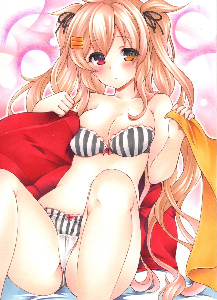 bangs bare_arms bare_shoulders black_ribbon blonde_hair blush bra breasts cleavage eyebrows_visible_through_hair eyes_visible_through_hair hair_ribbon heterochromia highres kantai_collection long_hair looking_at_viewer marker_(medium) medium_breasts murasame_(kantai_collection) orange_eyes panties red_eyes remodel_(kantai_collection) ribbon solo striped traditional_media twintails underwear underwear_only vertical-striped_bra vertical-striped_panties vertical_stripes very_long_hair yoruoujito-tsukinohime