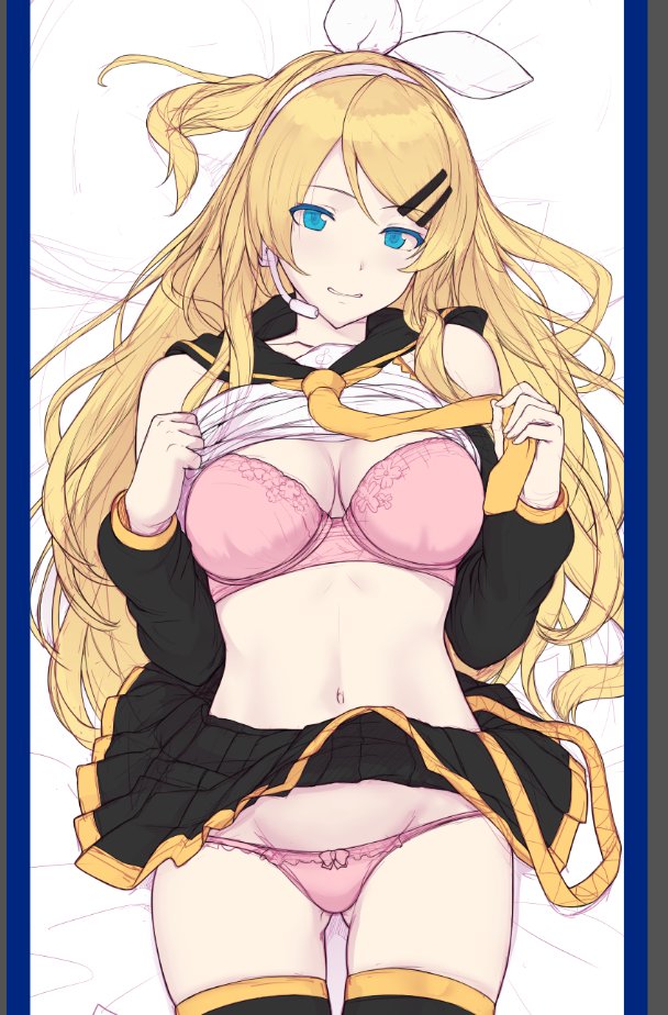 alternate_breast_size alternate_hair_length alternate_hairstyle ass_visible_through_thighs bangs black_legwear black_skirt blonde_hair blue_border blue_eyes border bow bow_panties bra breasts cleavage commentary detached_sleeves english_commentary hair_bow hair_ornament hairclip headset hews_hack kagamine_rin long_hair lying medium_breasts midriff miniskirt navel older on_back panties pink_bra pink_panties pleated_skirt sailor_collar shirt_lift skirt solo swept_bangs thighhighs underwear vocaloid white_bow work_in_progress