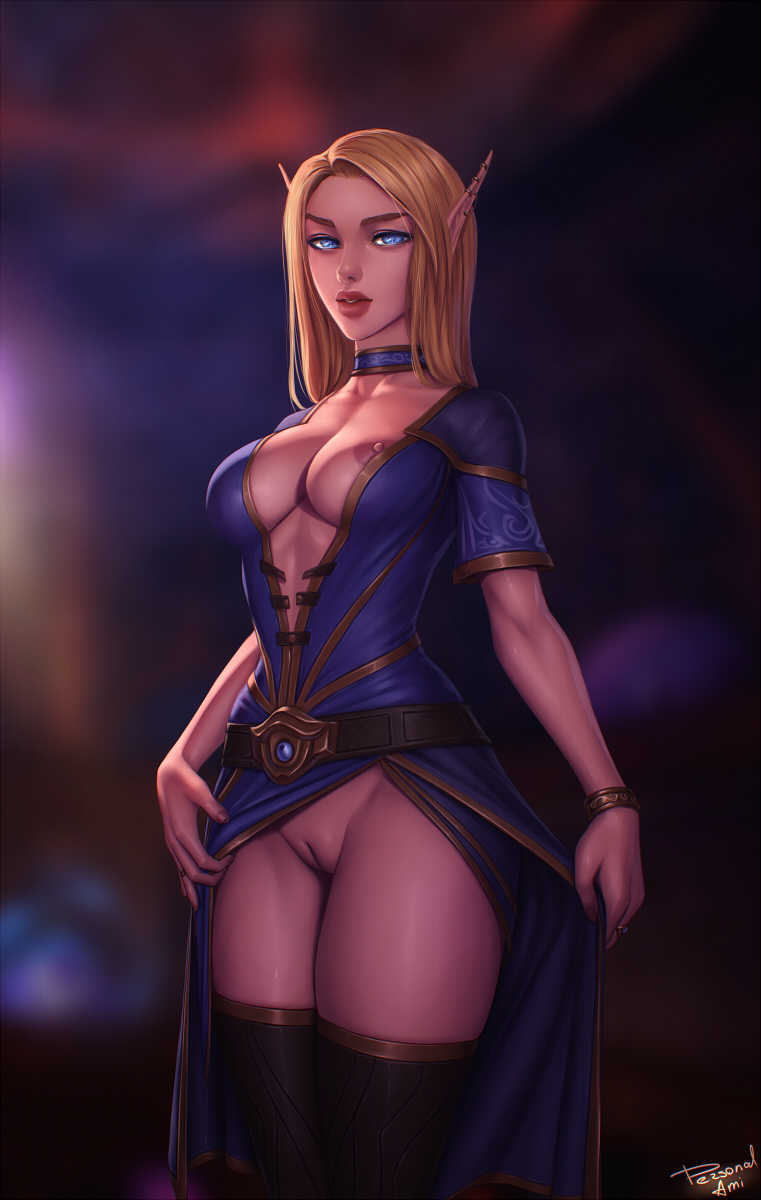 blonde_hair blue_eyes breasts choker clothing elf female hair high_elf humanoid legwear looking_at_viewer nipples not_furry personalami pointy_ears presenting presenting_pussy pussy solo thigh_highs video_games warcraft