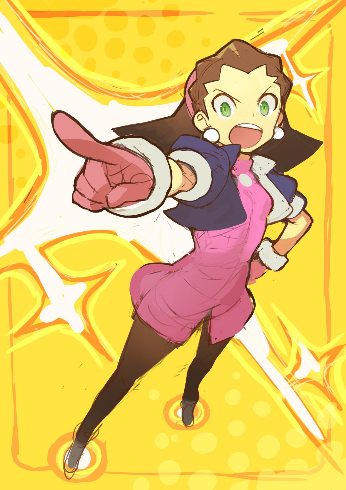 breasts brown_hair commentary_request cropped_jacket earrings full_body gloves green_eyes hair_pulled_back hairband hand_on_hip highres jewelry kin_niku legs_apart open_mouth pantyhose pink_gloves pink_hairband pointing puffy_short_sleeves puffy_sleeves rockman rockman_dash short_sleeves small_breasts solo tron_bonne yellow_background