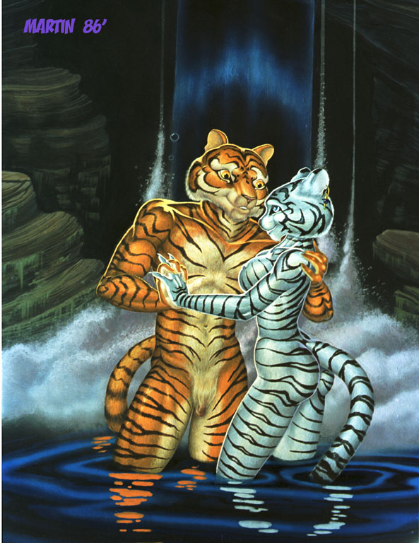 1986 anthro breasts butt couple_(disambiguation) ear_piercing feline female male mammal piercing steve_martin tiger waterfall white_tiger