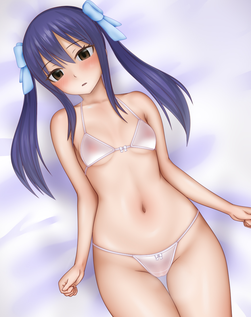 bangs bed_sheet blue_bow blush bow bow_bra bow_panties bra breasts brown_eyes cameltoe clenched_hands crotch_seam eyebrows_visible_through_hair fairy_tail from_above hair_bow head_tilt light_frown long_hair looking_at_viewer lying navel on_back on_bed panties parted_lips ponte purple_hair see-through small_breasts solo string_bra string_panties twintails underwear wendy_marvell white_bra white_panties