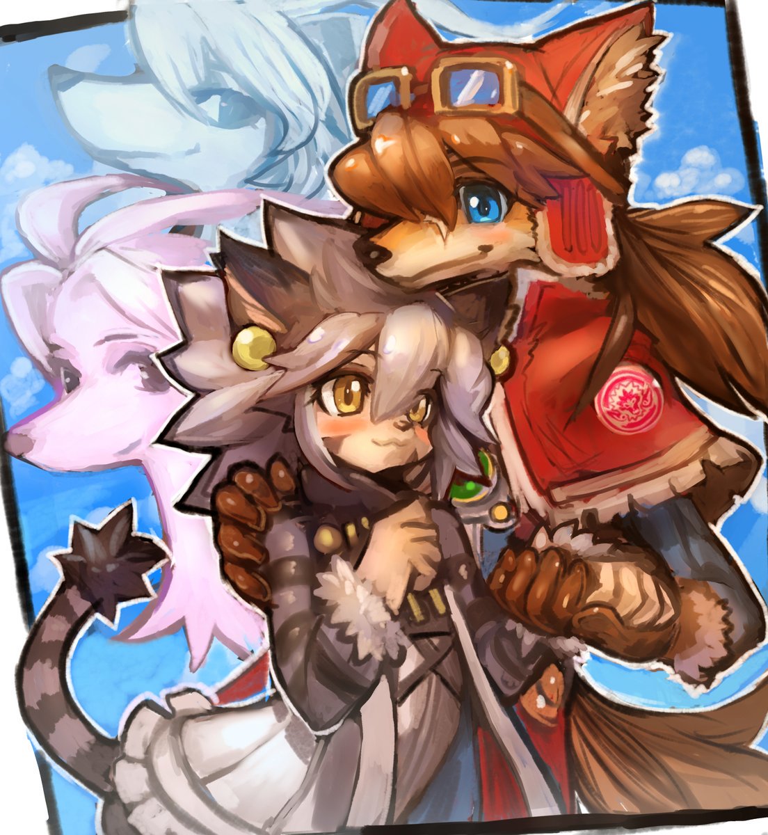 1girl animal_ears arm_around_shoulder bangs blanc_(solatorobo) blue_eyes blush border brown_gloves capelet cat_ears cat_girl cat_tail cloud commentary_request dakusuta dog_ears earrings elh_melizee eyebrows_visible_through_hair facial_mark fur_trim furry gloves goggles goggles_on_head hair_between_eyes hand_on_another's_shoulder height_difference highres holding_hand jewelry long_hair nero_(solatorbo) outside_border red_capelet red_savarin short_hair smile solatorobo tail yellow_eyes